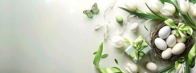 green ribbon and eggs on a light pastel background