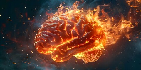 Side view of a brain on fire representing neurological diseases like Parkinsons Alzheimers dementia or Multiple Sclerosis. Concept Neurological Disorders, Brain Health, Medical Conditions - obrazy, fototapety, plakaty