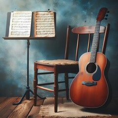 Acoustic guitar and notes in a blue room. Musical instrument creative concept. 