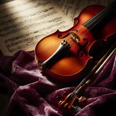 violin and notes on a purple background crative musical concept.