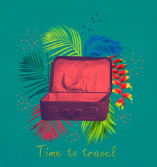 Vintage suitcase on color background - travel and vacation concept