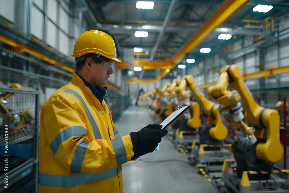 Poster engineer inspecting robots for safety in manufacturing plant to ensure quality control and efficient