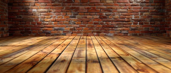  wood floor, brick wall with clock, light at end - obrazy, fototapety, plakaty