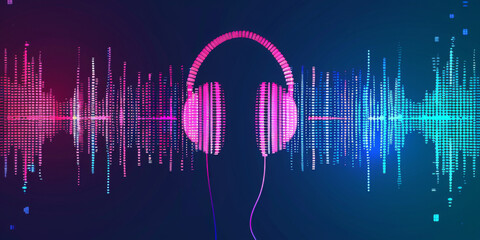 Vibrant Headphones with Digital Sound Wave Background