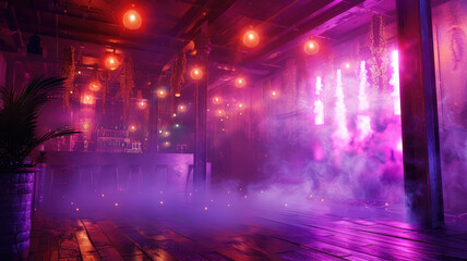 Neon lit nightclub with fog and lights - Vibrant image of an empty nightclub with colorful neon lights, fog, and a dance floor