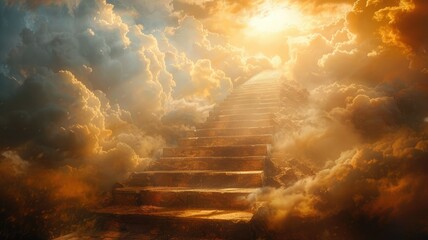 Sunset cloudscape with ethereal golden stairway - A breathtaking golden stairway amongst clouds illuminated by the sunset, signifying a journey to enlightenment - obrazy, fototapety, plakaty