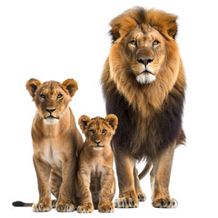 Obraz premium Collection of a standing lion family (male, lioness, cub), animal bundle isolated on a white background. With clipping path