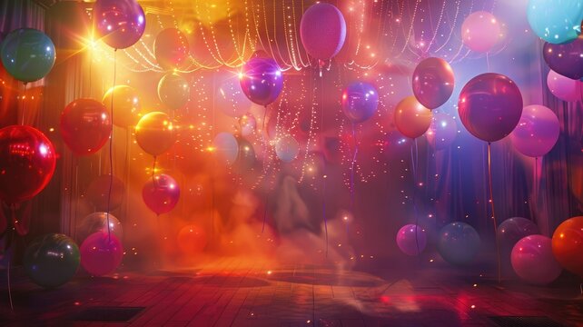 Festive balloons and lights in dazzling ambiance - A lively image depicting a celebration with colorful balloons and sparkling lights amidst a hazy ambiance