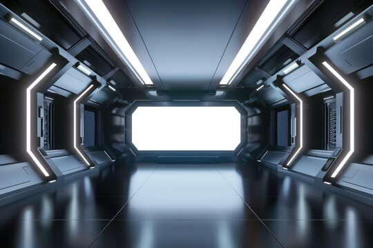 Futuristic corridor with bright white exit - An expansive, sleek, futuristic corridor leads towards a brightly illuminated exit, conveying a sense of advanced technology and innovation