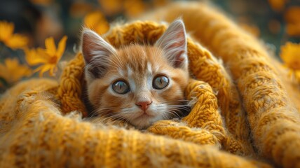 Hidden kitten in a textured orange backdrop - Partially visible kitten with only its ears and top of the head showing over a knitted orange texture