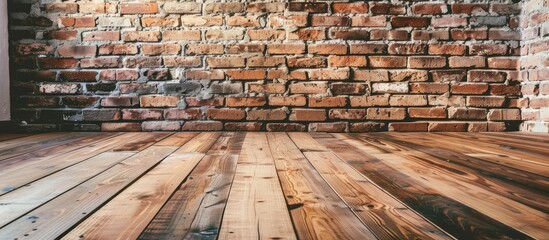 A detailed view of a wooden floor positioned in proximity to a brick wall