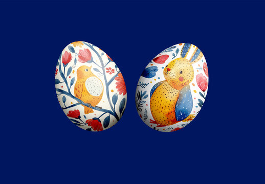 Easter Egg Mockup with Hand-Painted Folk Art Illustrations &ndash; Realistic Holiday Design Template for Seasonal Greeting, Packaging, or Craft Branding