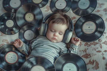 Mini Maestro, Infant with oversized headphones surrounded by vinyl records, Serenaded by symphonies in the crib.