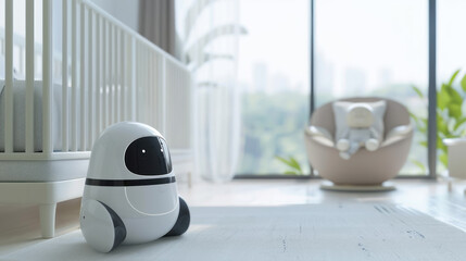 AI Lullaby Composer, Peaceful baby in a smart crib as an AI robot composes personalized lullabies, Innovative dreamscape for the digital-age infant. - obrazy, fototapety, plakaty