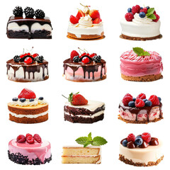 Set of different delicious cakes with fresh berrie on white background,png