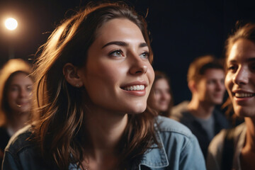 Fototapeta premium young woman with relaxed face at a night party full of friends