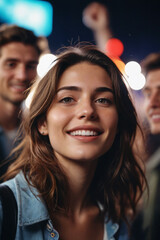 Fototapeta premium young woman with relaxed face at a night party full of friends