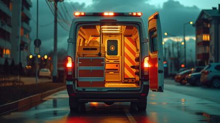 Picture of the back of an ambulance, a rescue vehicle with tools and equipment ready to help. - obrazy, fototapety, plakaty