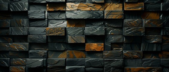  A close-up photo of a wall with black, gold, multicolored and differently shaped black and gold squares