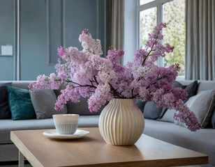 Wnętrze salonu w wiosennej aranżacji w odcieniach szarości i fioletu z bukietem bzu w wazonie