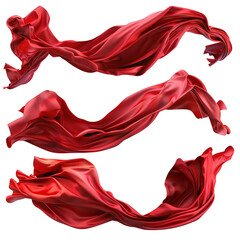 Set of flying 3d red drapery fabric cloth on white background,png