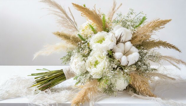 Fototapeta Bukiet ślubny w stylu boho z trawami, kwiatami bawełny i białymi kwiatami na białym tle
