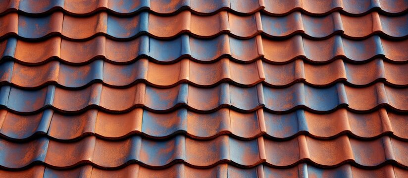 An up-close view of a roof featuring vibrant red and blue tiles in a checkerboard pattern
