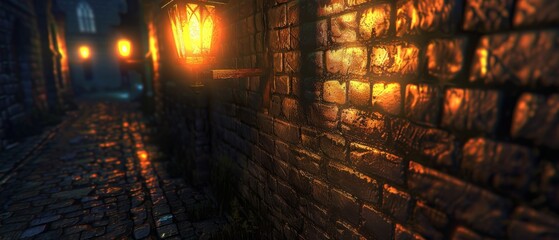Fototapeta premium An image of a dark alley with a brick wall, a street light, and two street lamps on either side at night