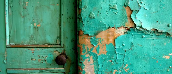  A detailed photograph captures a green door with peeling paint and a weather-worn knob positioned near its edge - obrazy, fototapety, plakaty