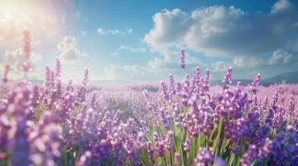 Naklejka premium Beautiful lavender field on sunny day blue sky landscape. AI generated image