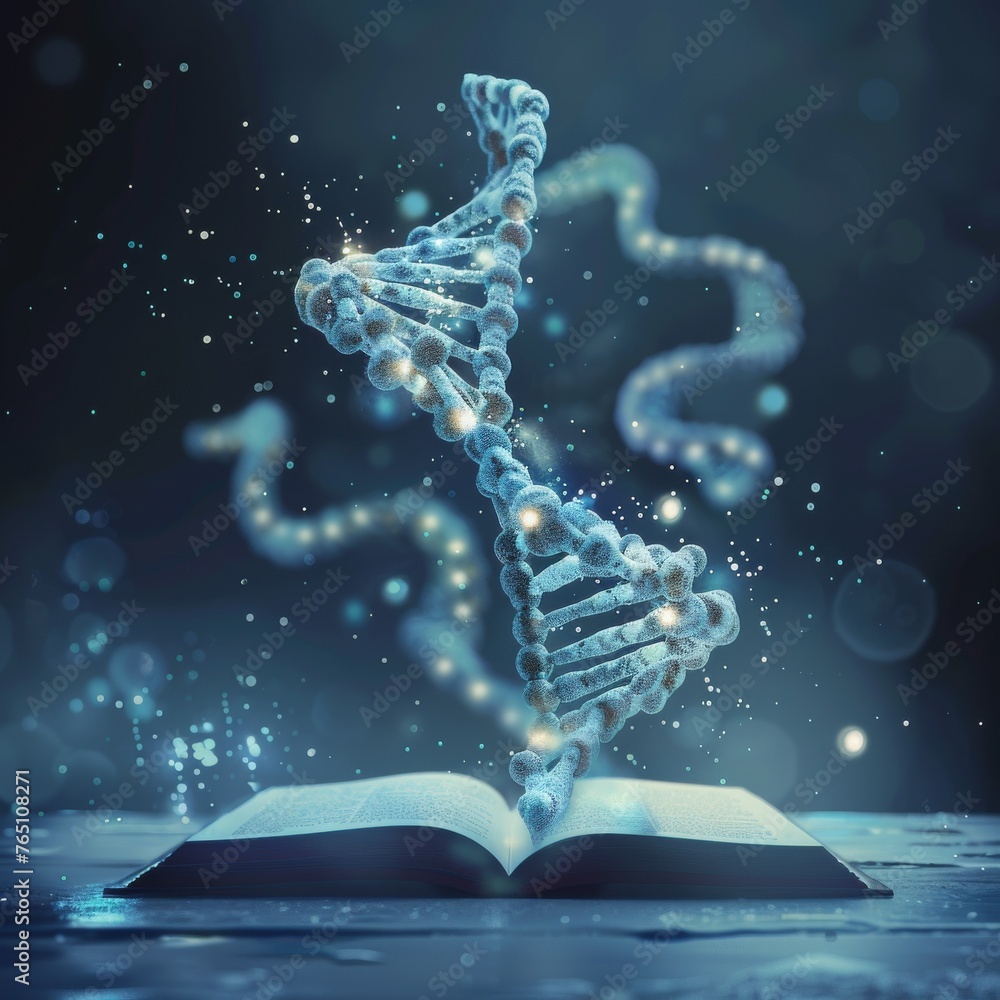 Poster a glowing dna strand rises from an open book, symbolizing the intersection of science and knowledge 