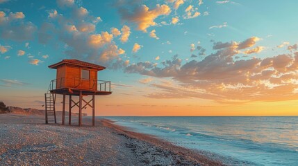 A lifeguard tower on the beach at sunset