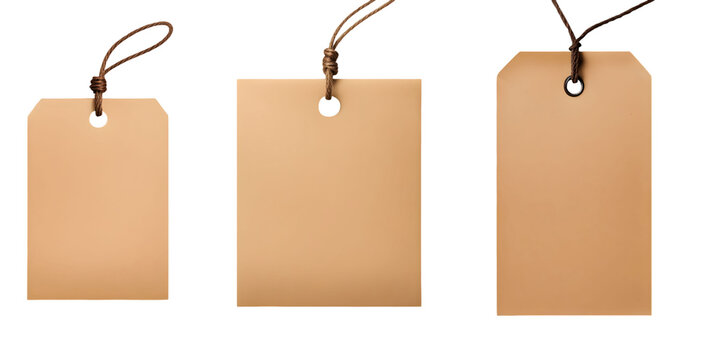 Conjunto de Etiqueta em papel kraft, cart&atilde;o retangular de pepel marrom com cord&atilde;o pendurado isolado em fundo transparente