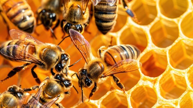 Close up detail of bee workers around her queen on honeycomb. AI generated image