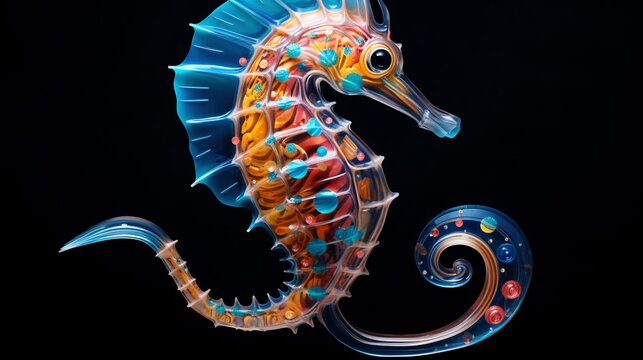 a seahorse sculpture with colorful dots
