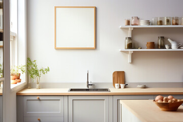 Fototapeta na wymiar Modern kitchen light wooden interior design with framed mock up with copy space on the wall, beige countertops, white open shelves with jars, a sink, and plants by the window
