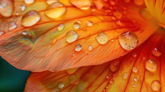 Close up detail of flower petal with drops water view. AI generated image