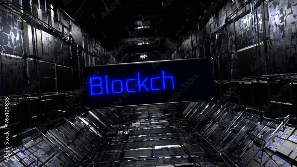 Poster camera movements along the technological tunnel. blockchain technology concept. changing inscription