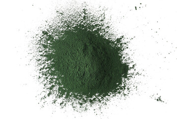 Organic spirulina powder, raw isolated on white, top view