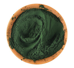 Organic spirulina powder in clay pot isolated on white, top view