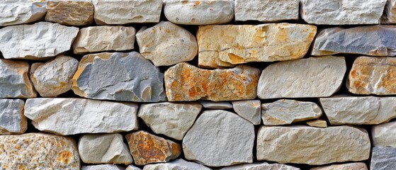  A macro shot of a multi-colored, varied sized rock wall featuring a weathered, mottled surface