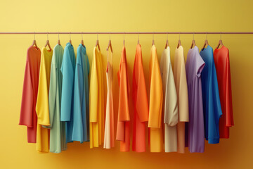 Wardrobe Spectrum, A line-up of colorful apparel, neatly arranged, a visual representation of fashion's diverse palette and the personal expression found in choice.