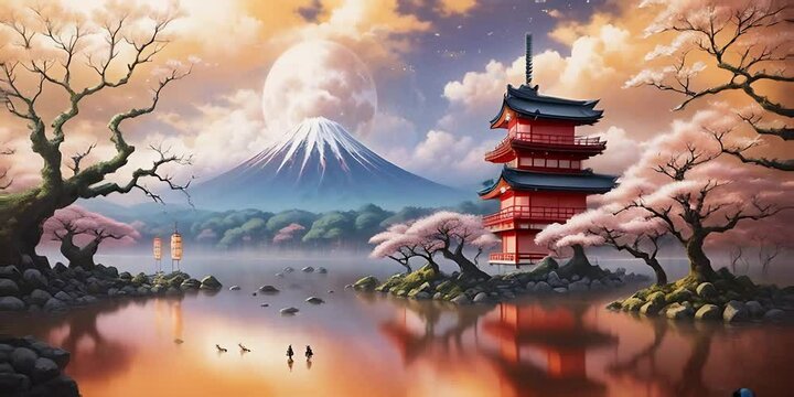 Japanese fantasy nature art in traditional style with a touch of whimsical fantasy elements