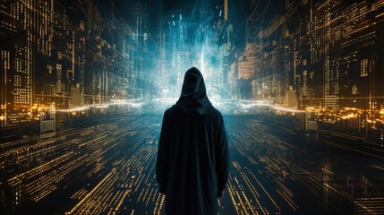 A hacker in cybersecurity heaven, surrounded by 3D digital landscapes of infinite code, a close-up on the screen - obrazy, fototapety, plakaty