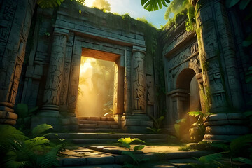 ai generated realistic beautiful ancient temple hidden in a forest with intricate carvings and surrounded by dense foliage and magnificent ancient buildings.