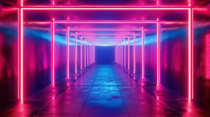 Neon Gateway, A corridor illuminated with bright neon lights, a futuristic pathway inviting one into a realm of high energy and vivid dreams.