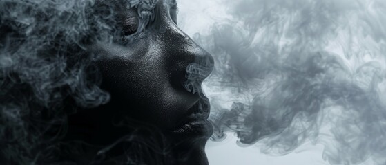  Close-up of person's face with smoke rising from smokestack - obrazy, fototapety, plakaty