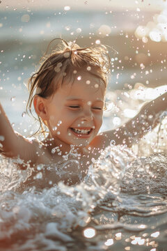 Child playing joyfully in water - Young child in high spirits playing with water splashes in sunshine