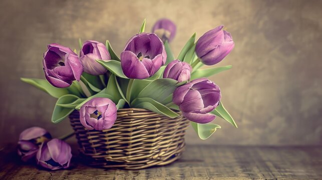 Beautiful vintage style of purple tulips bouquet in a basket on wooden floor. AI generated image