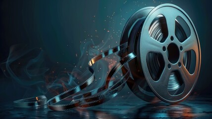 Vintage film reel with glowing embers - A vintage cinematic film reel with a dramatic, fiery glow, evoking nostalgia and the magic of classic movies